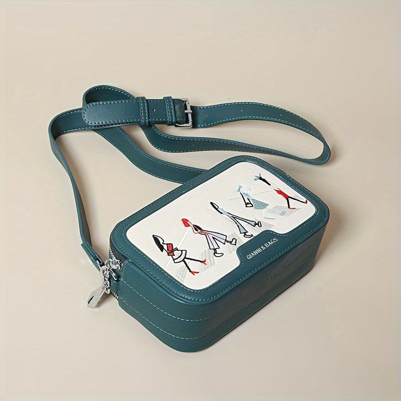 Cute Embroidered Crossbody Bag - Cartoon Double Zipper Wide Strap Square Purse