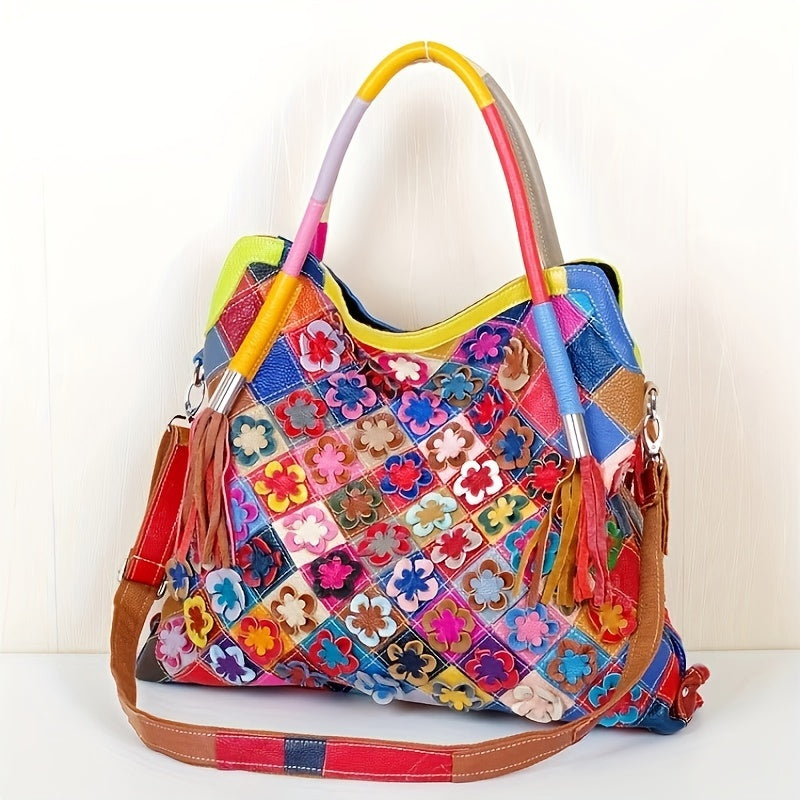 Flower Decor Handbag - Luxury Genuine Leather Large Retro Crossbody Bag