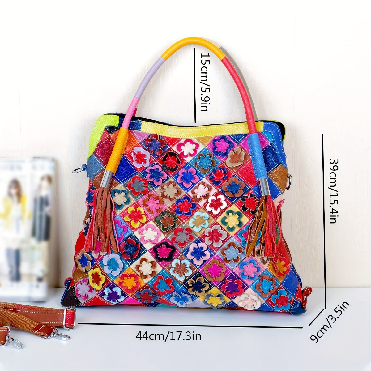 Flower Decor Handbag - Luxury Genuine Leather Large Retro Crossbody Bag