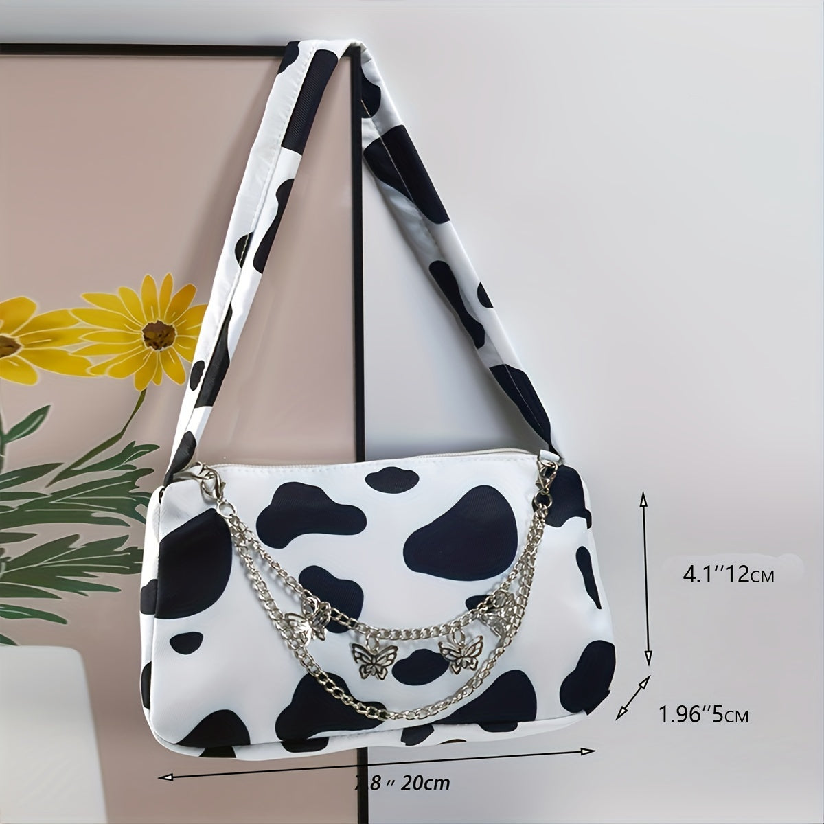 Cow Print Shoulder Bag - Elegant Zipper Fashion Chain Decor Baguette Bag