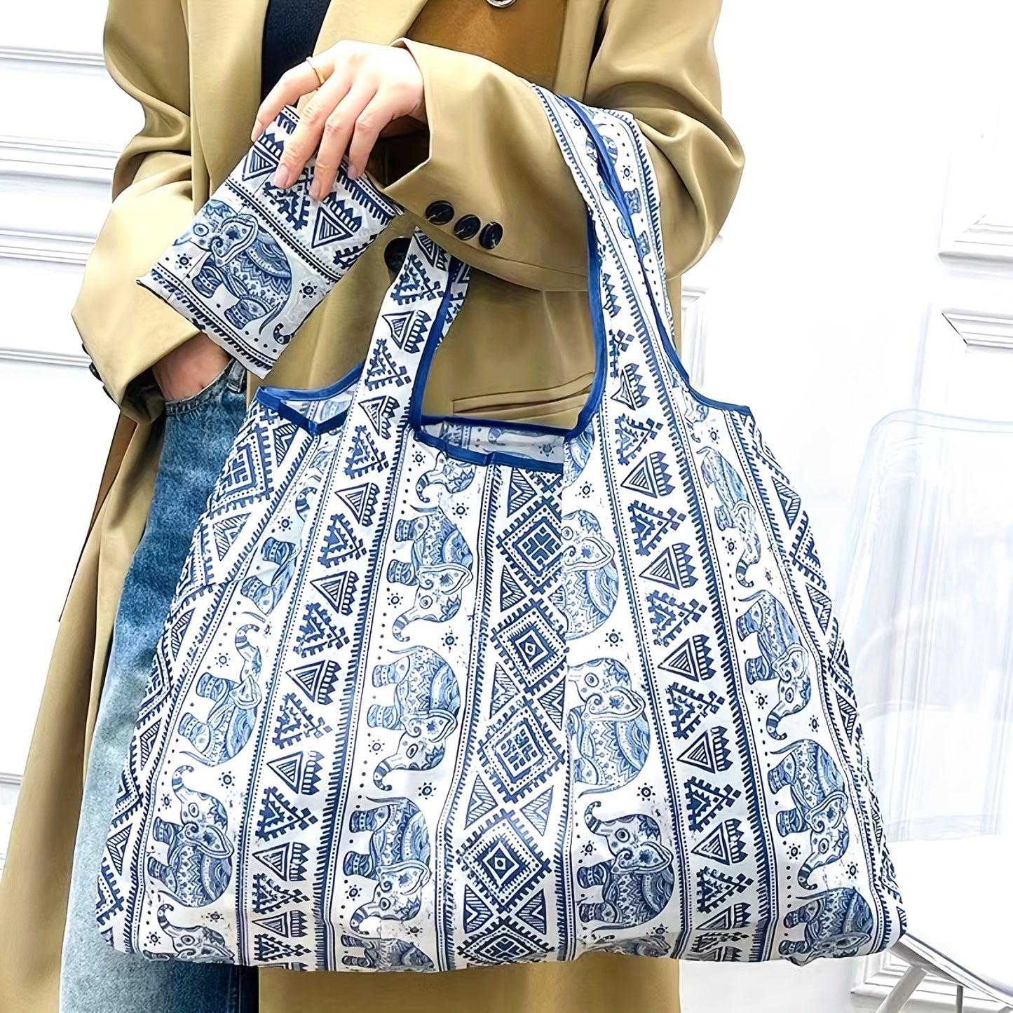 Retro Elephant Pattern Shoulder Bag - Lightweight Multifunctional Foldable Shopping Handbag