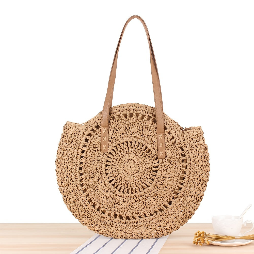 Hollow-Out Straw Handbag - Fashion Woven Round Beach Large Capacity Bag