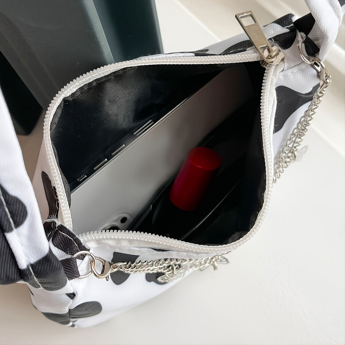 Cow Print Shoulder Bag - Elegant Zipper Fashion Chain Decor Baguette Bag
