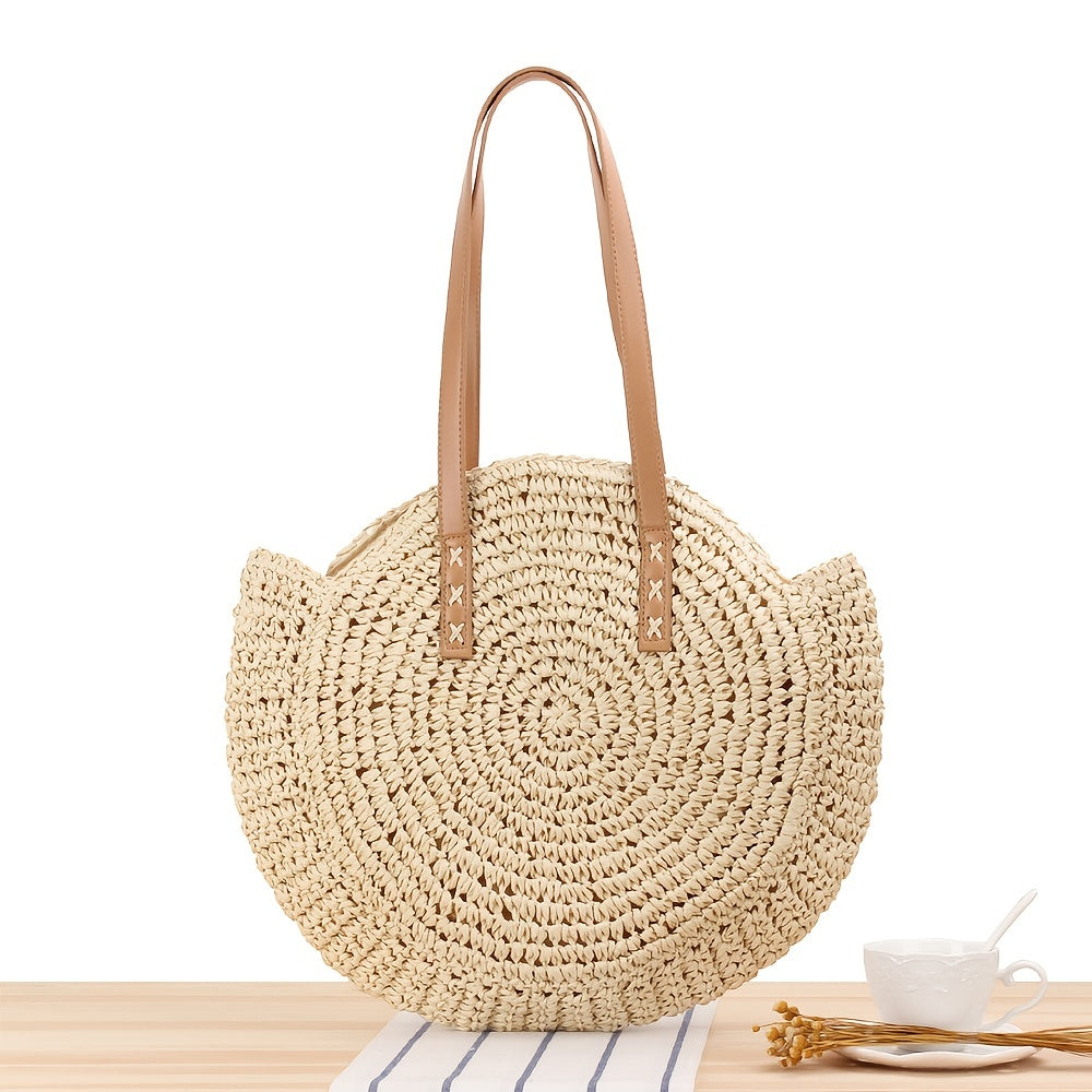 Hollow-Out Straw Handbag - Fashion Woven Round Beach Large Capacity Bag